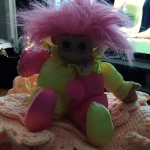 Vintage RUSS Troll Doll Jester Clown Yellow & pink Satin Suit  6”